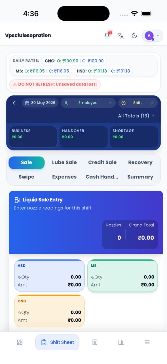 Real Mobile Shift Sheet Entry